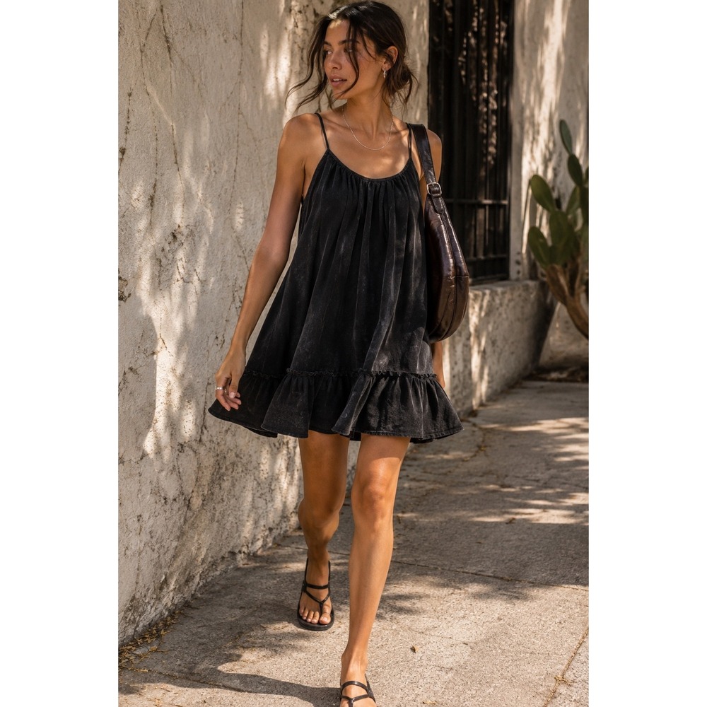 NWT LACAUSA x REVOLVE Reina Mini Dress Black Mineral Wash Babydoll M